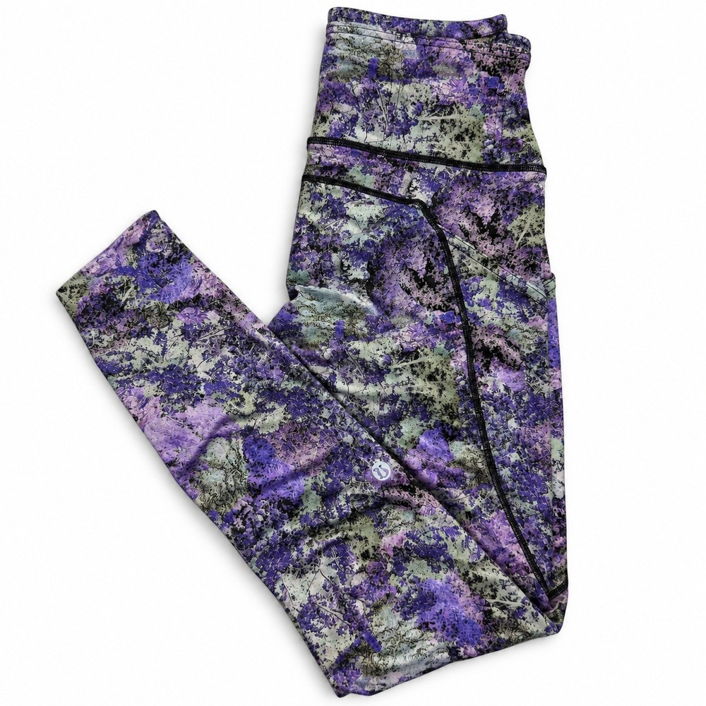 Lululemon High Rise Leggings Womens 4 Purple Green Floral Pockets Tights